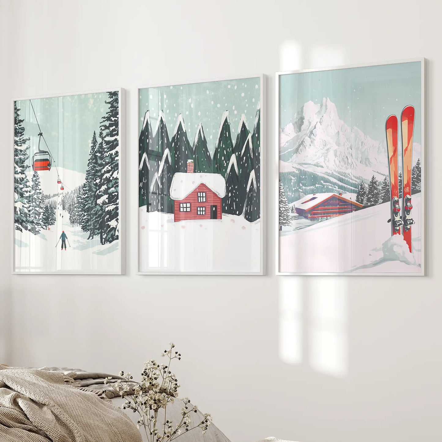 Ski Lifts, Cozy Cabin, and Snowy Peaks Wall Art White Frame - no mat
