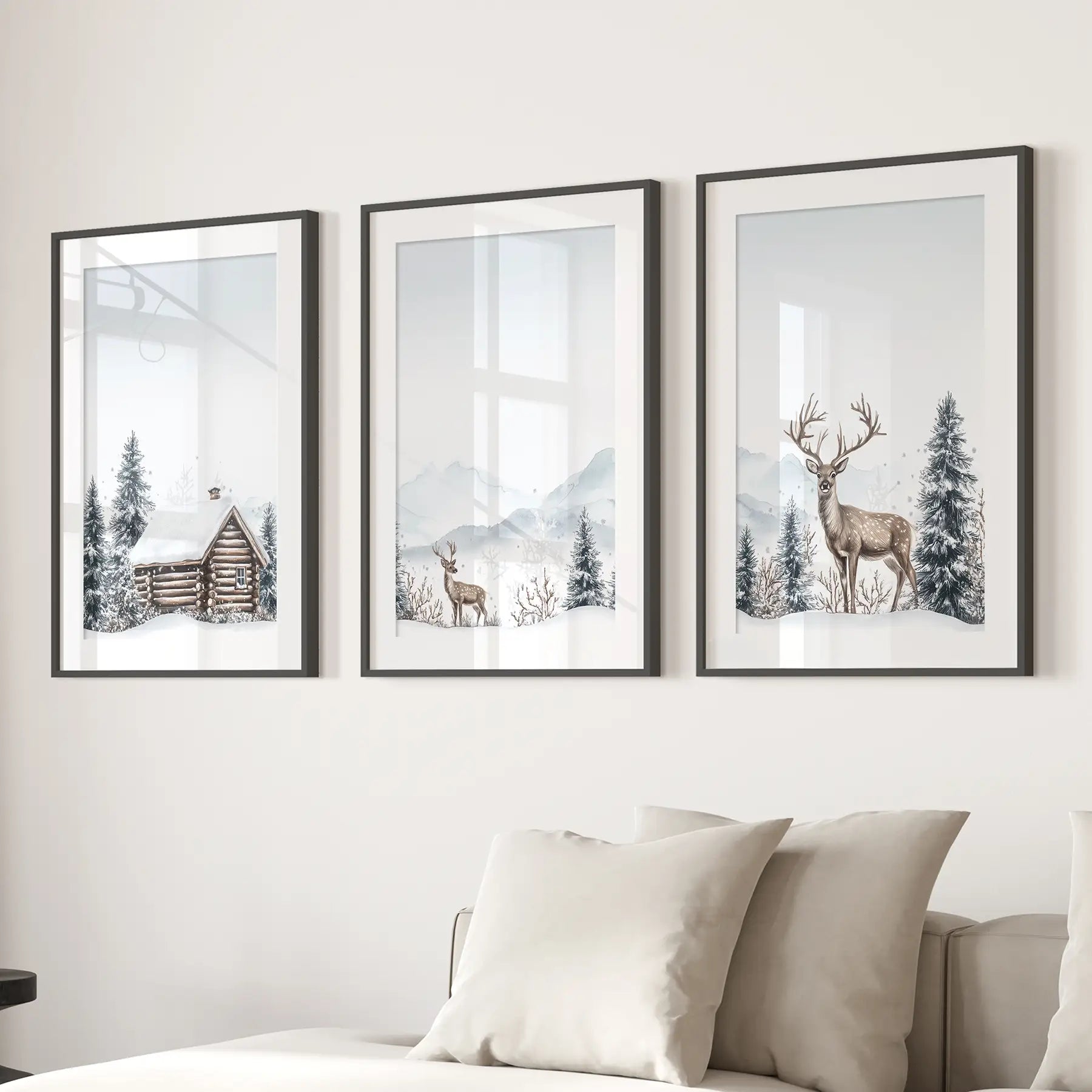 Snowy Deer Wall Art Set of 3. Winter Woodland Prints Black Frame - w mat
