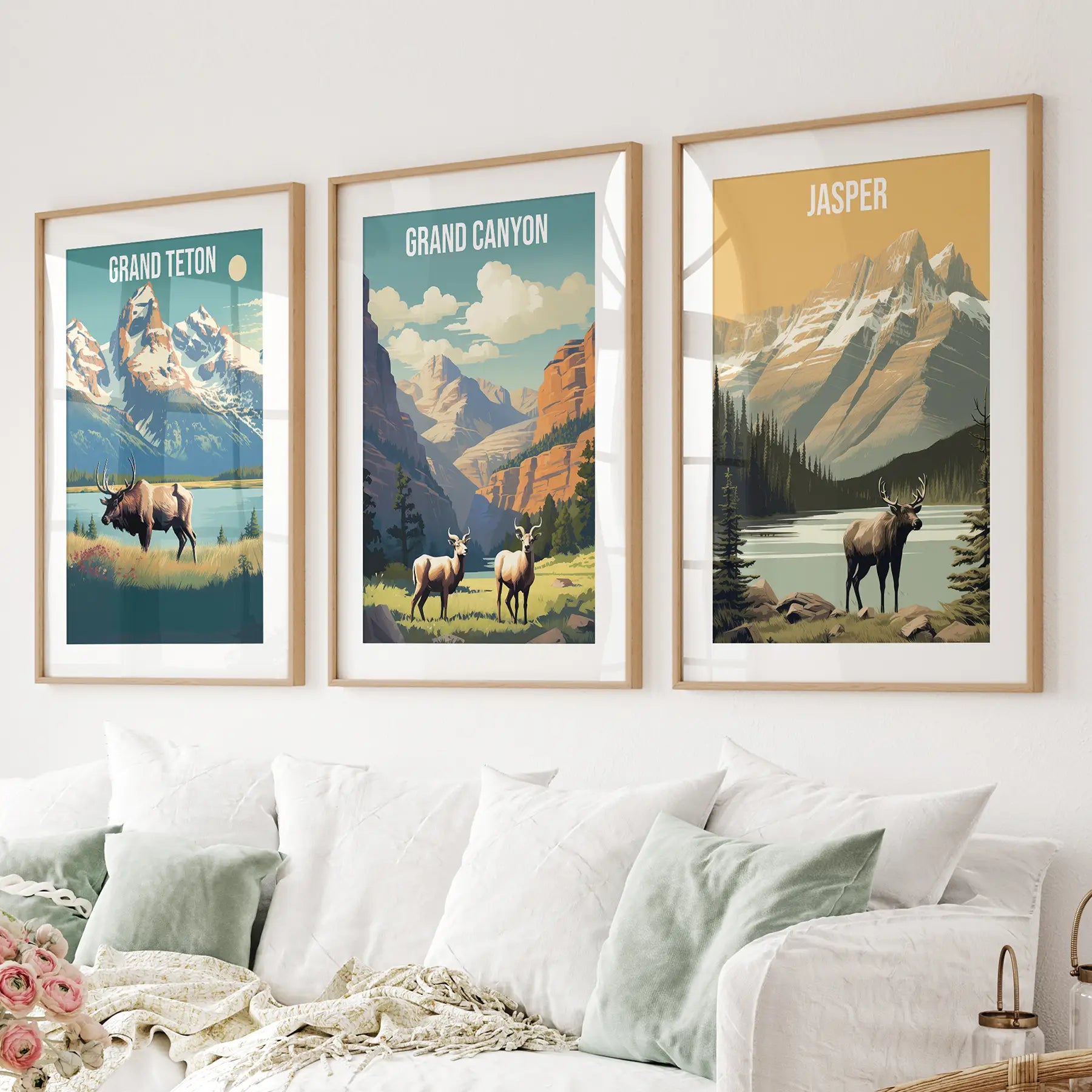 Grand Canyon, Jasper, Grand Teton. National Park Wall Art Thin Wood Frame - w mat