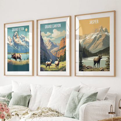 Grand Canyon, Jasper, Grand Teton. National Park Wall Art Thin Wood Frame - w mat