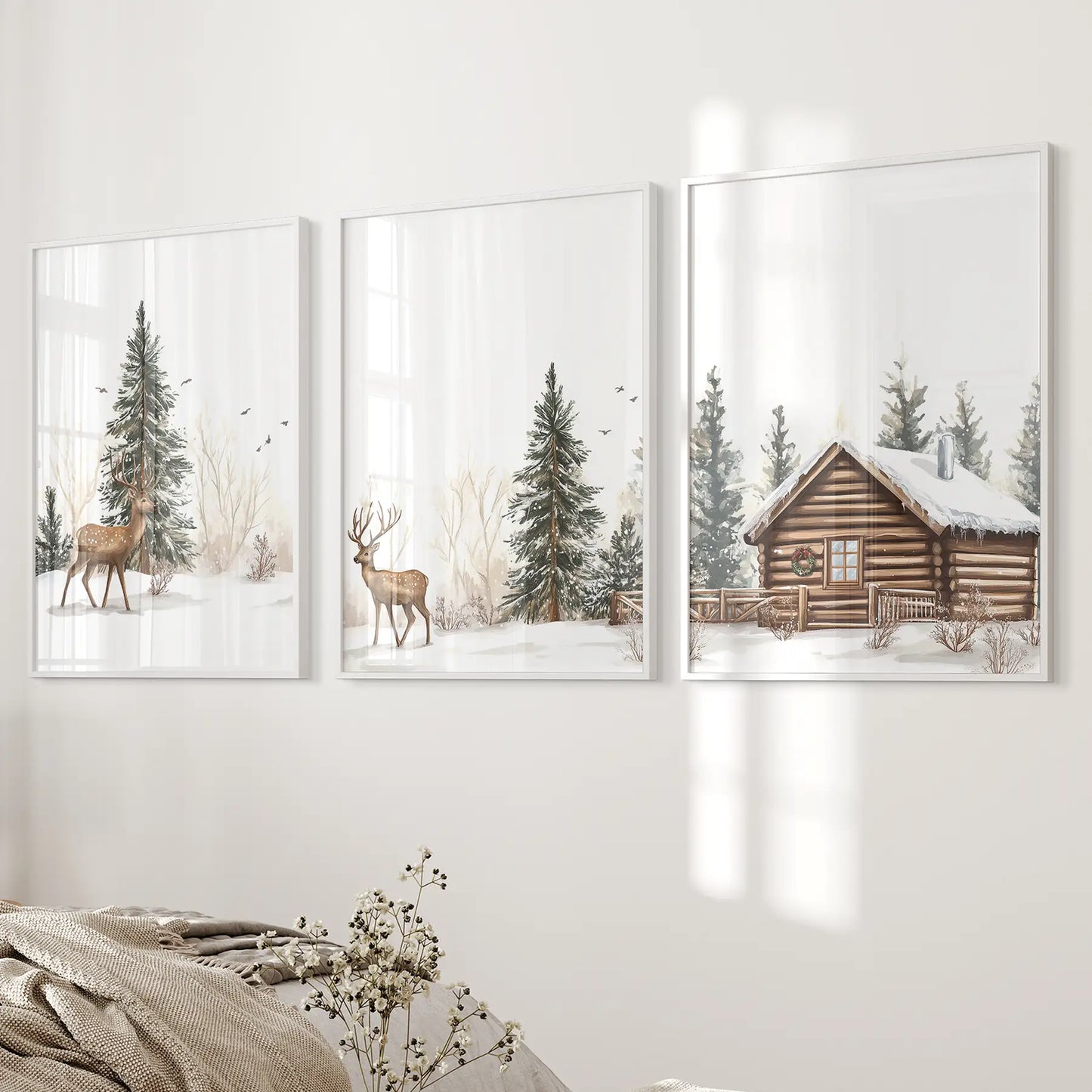 Deer and Cabin Winter 3 Piece Wall Art. Rustic Nordic Prints White Frame - no mat