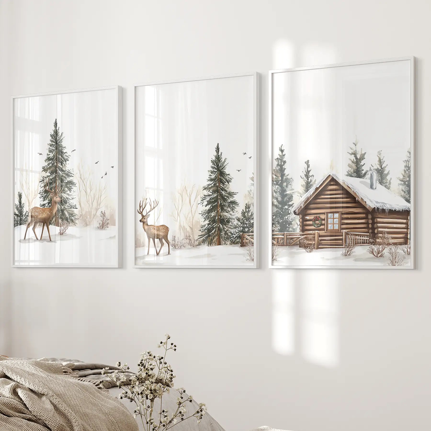 Deer and Cabin Winter 3 Piece Wall Art. Rustic Nordic Prints White Frame - no mat