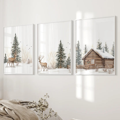 Deer and Cabin Winter 3 Piece Wall Art. Rustic Nordic Prints White Frame - no mat