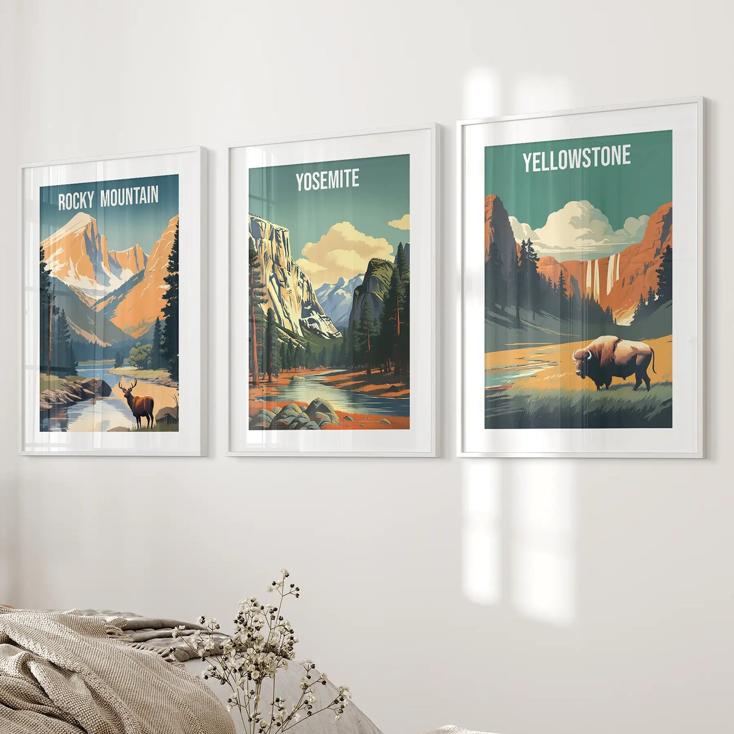 Rocky Mountain, Yosemite, Yellowstone. National Park Wall Art White Frame - w mat