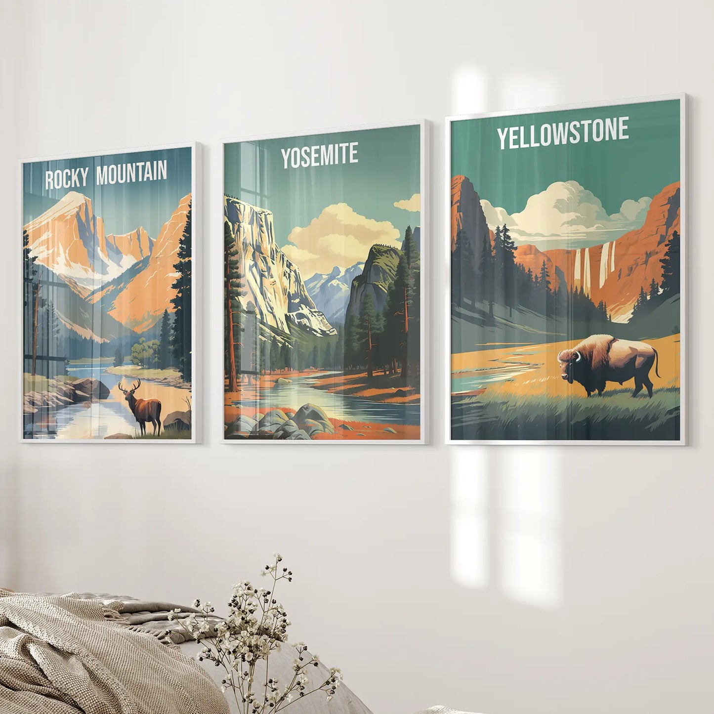 Rocky Mountain, Yosemite, Yellowstone. National Park Wall Art White Frame - no mat