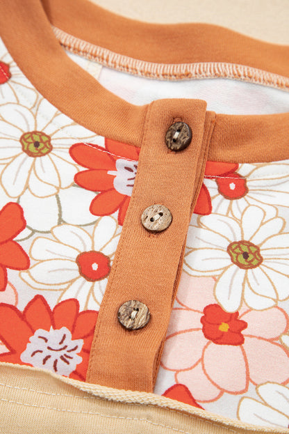 Parchment Floral Plaid Patchwork Henley Top