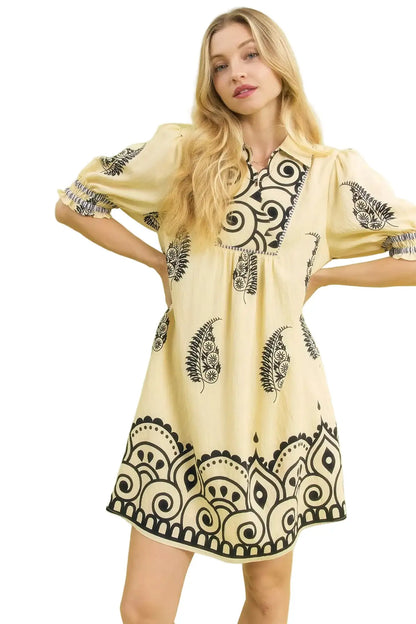 Umgee Paisley Mandala Print Babydoll Dress ECRU