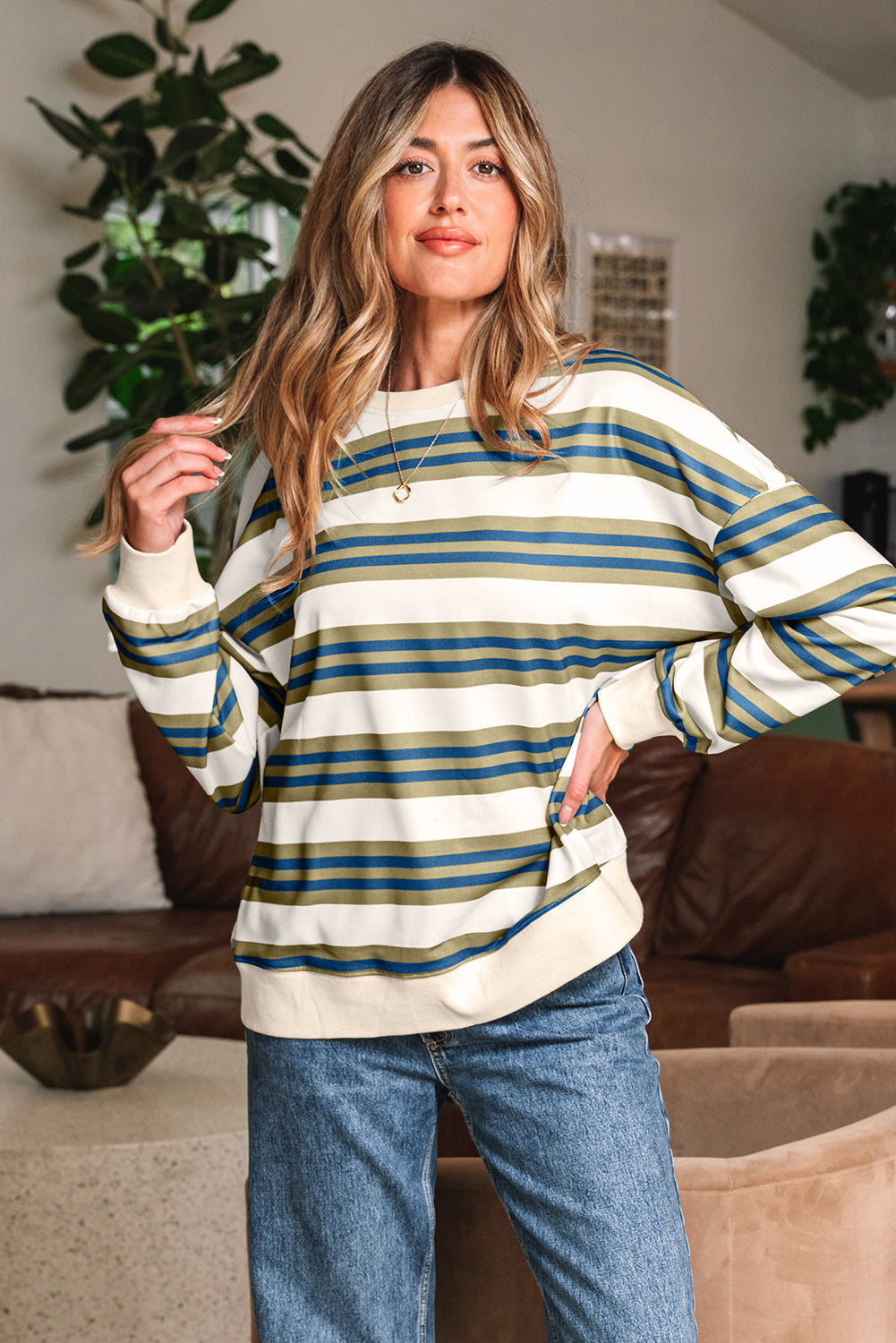 Rose Stripe Crew Neck Pullover Sweatshirt Khaki Stripe