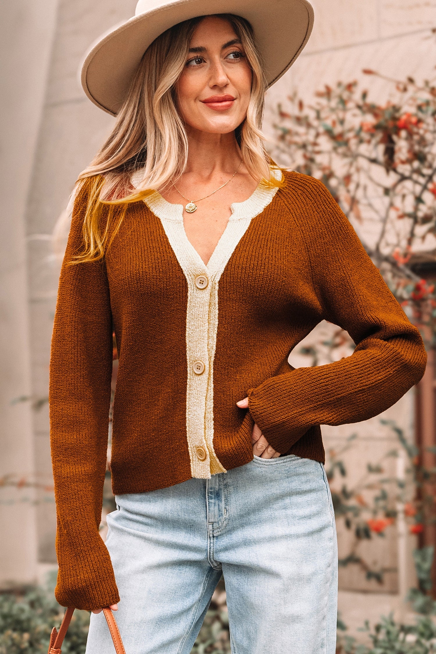 Gabriella Knit Neckline Short Cardigan Chestnut