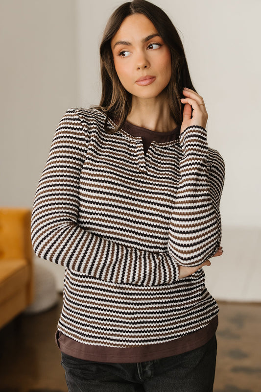 Stripe Textured Knit Long Sleeve T-Shirt Brown