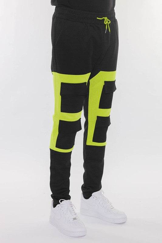 COLOR BLOCK CARGO TRACK PANT BLACK RED
