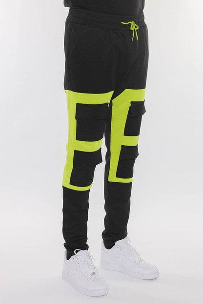 COLOR BLOCK CARGO TRACK PANT BLACK RED