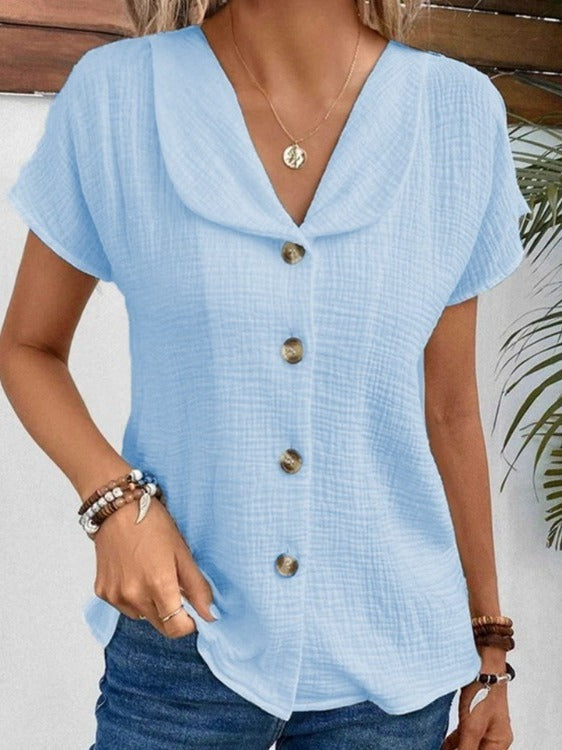 🌞 Women's Summer Solid Color Short-Sleeved Button Cardigan Top Light Blue