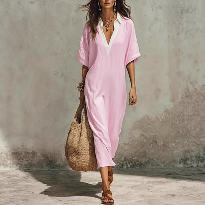 Women's V-Neck Loose Cropped-Sleeve Linen Midi Dress with Pockets Pink