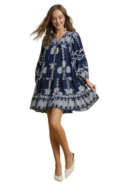 Umgee Tribal Print Dress with Tie Neck