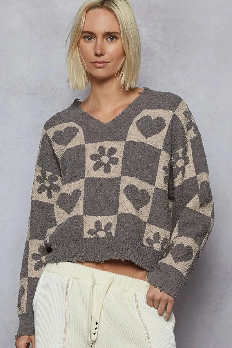 Pol V Neck Heart Pattern Checkered Sweater Oversized