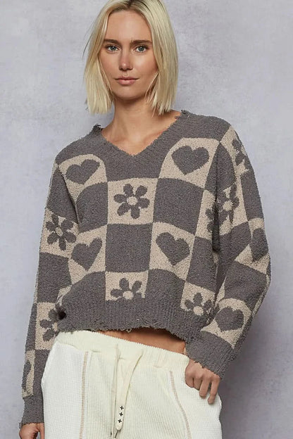 Pol V Neck Heart Pattern Checkered Sweater Oversized