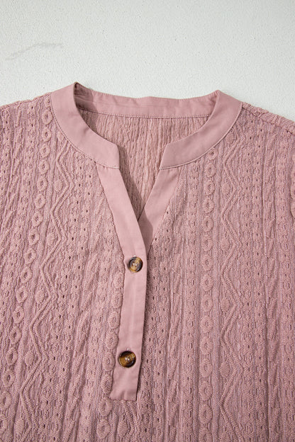 Eyelet Textured Half-Button Short Sleeve Blouse