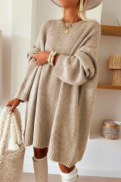 Pale Khaki Exposed Seam Drop Shoulder Oversize Mini Sweater Dress Pale Khaki 55%Acrylic+45%Cotton