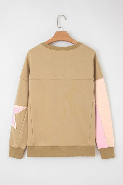 Rose Pink Star Patchwork Sweatshirt With Uneven Hem Design