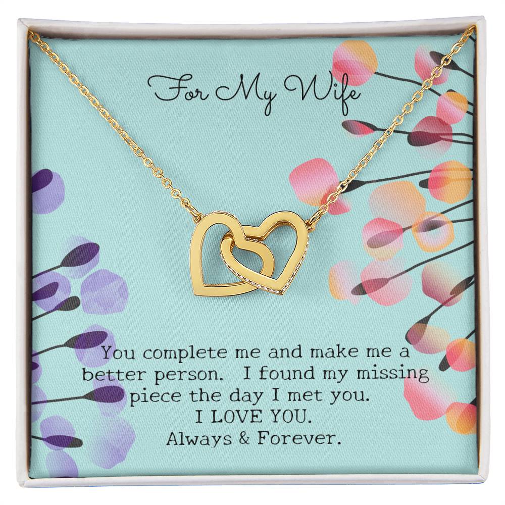 Gift For My Wife - Entwined Hearts Pendant Necklace - You Complete Me - Embellished W Sparkling Cz Stone Interlocking Hearts Necklace 18K Yellow Gold Finish Standard Box