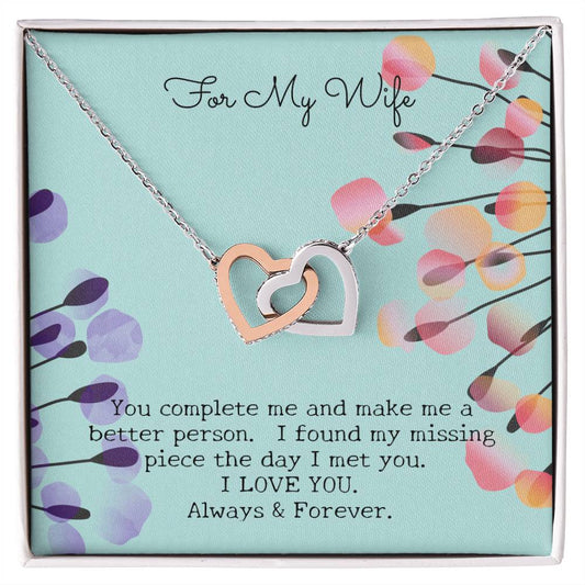 Gift For My Wife - Entwined Hearts Pendant Necklace - You Complete Me - Embellished W Sparkling Cz Stone Interlocking Hearts Necklace 14k White Gold Finish Standard Box