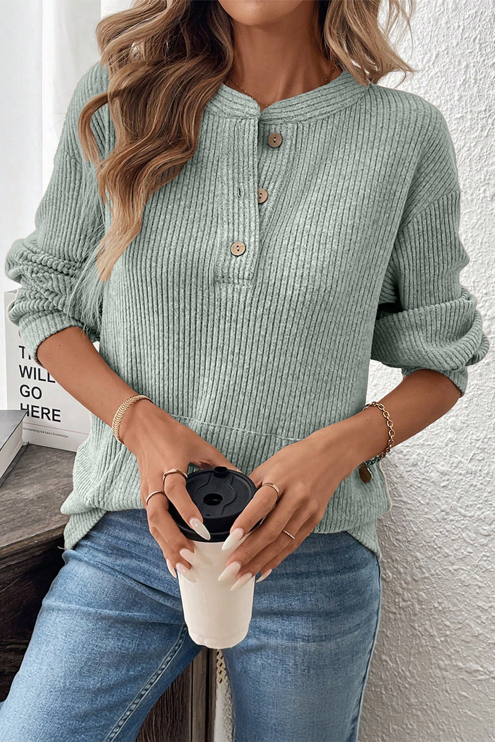 Clearly Aqua Ribbed Texture Drop Shoulder Henley Knit Top Clearly Aqua 95%Polyester+5%Elastane