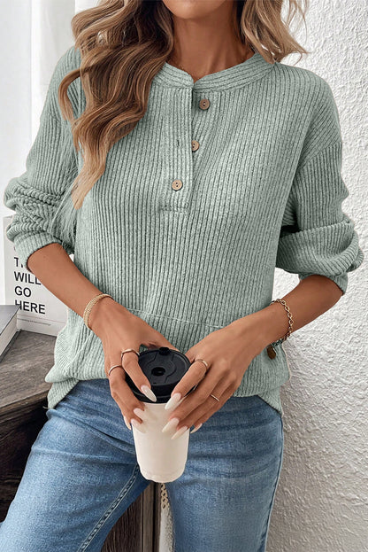 Clearly Aqua Ribbed Texture Drop Shoulder Henley Knit Top Clearly Aqua 95%Polyester+5%Elastane