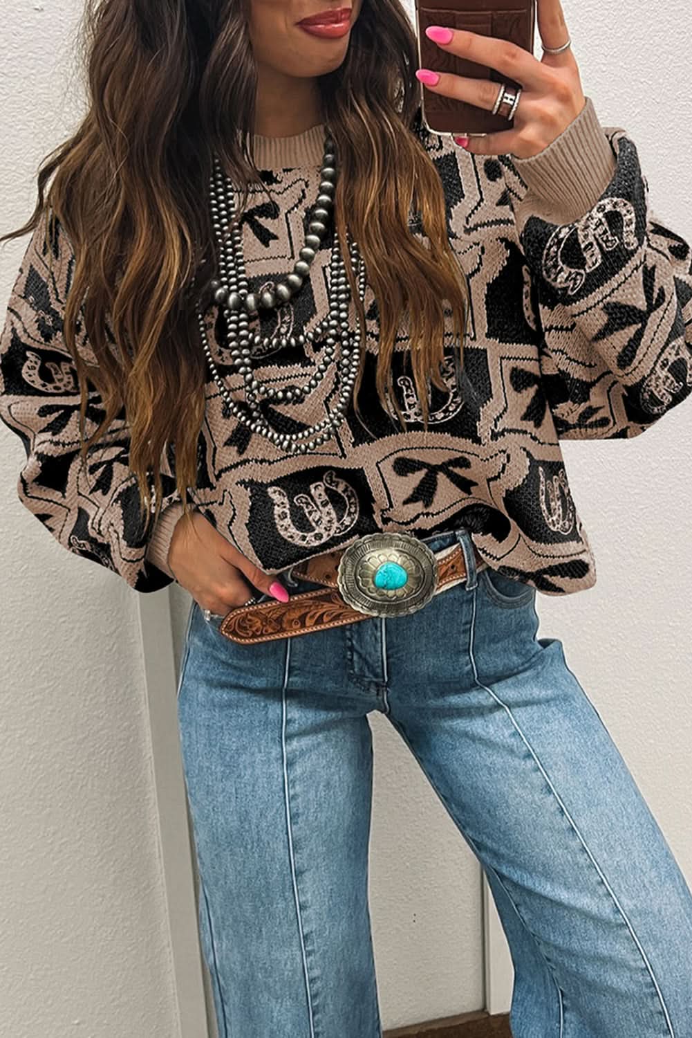 Black Colorblock Bow Pattern Drop Sleeve Relaxed Sweater Black 52%Viscose+26%Polyester+22%Polyamide