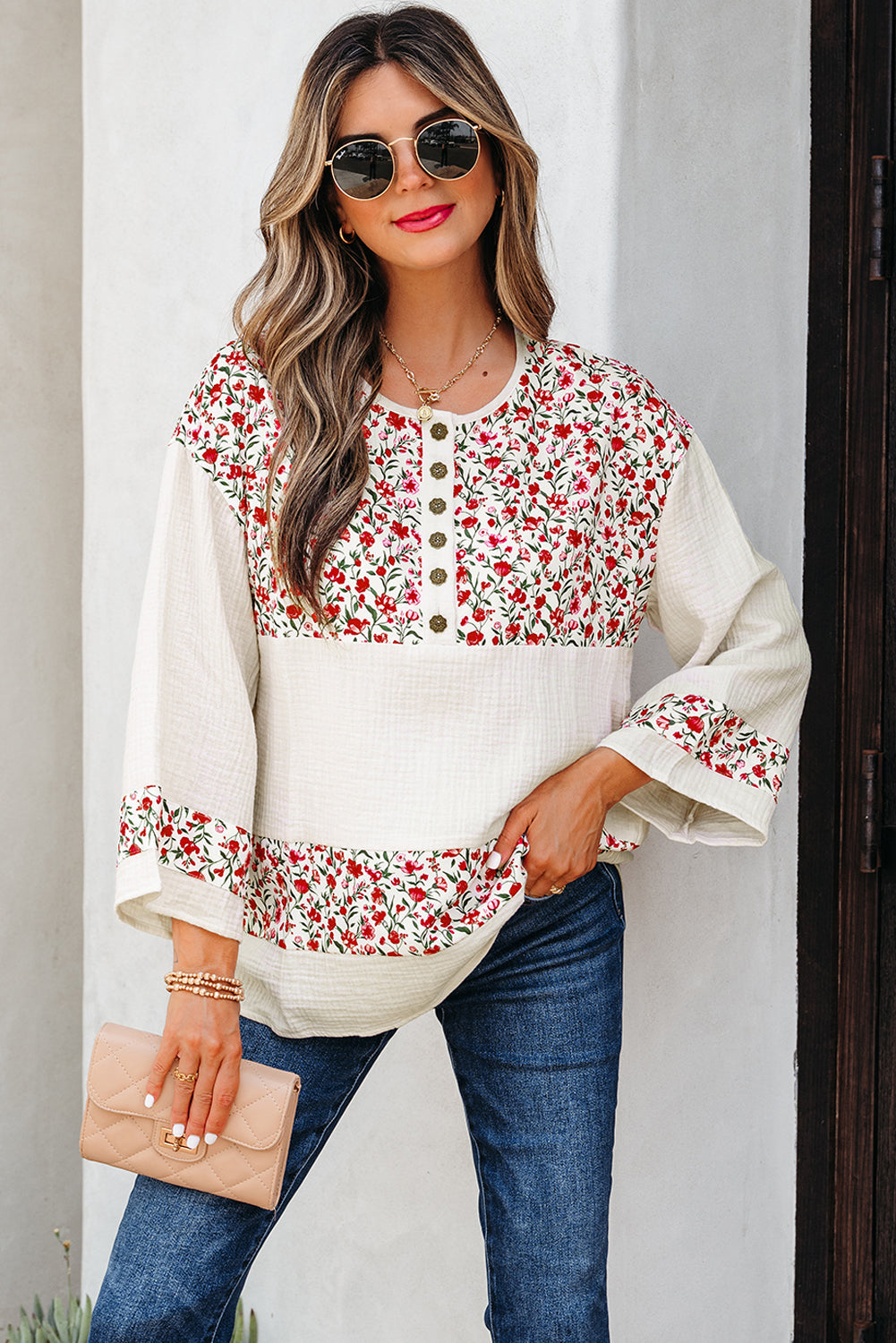 Red Floral Print Gauze Patchwork Henley Button 3/4 Sleeve Blouse Red 100%Cotton