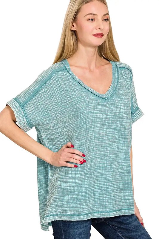 Zenana Acid Washed Double Gauze V-Neck Tee DUSTY TEAL