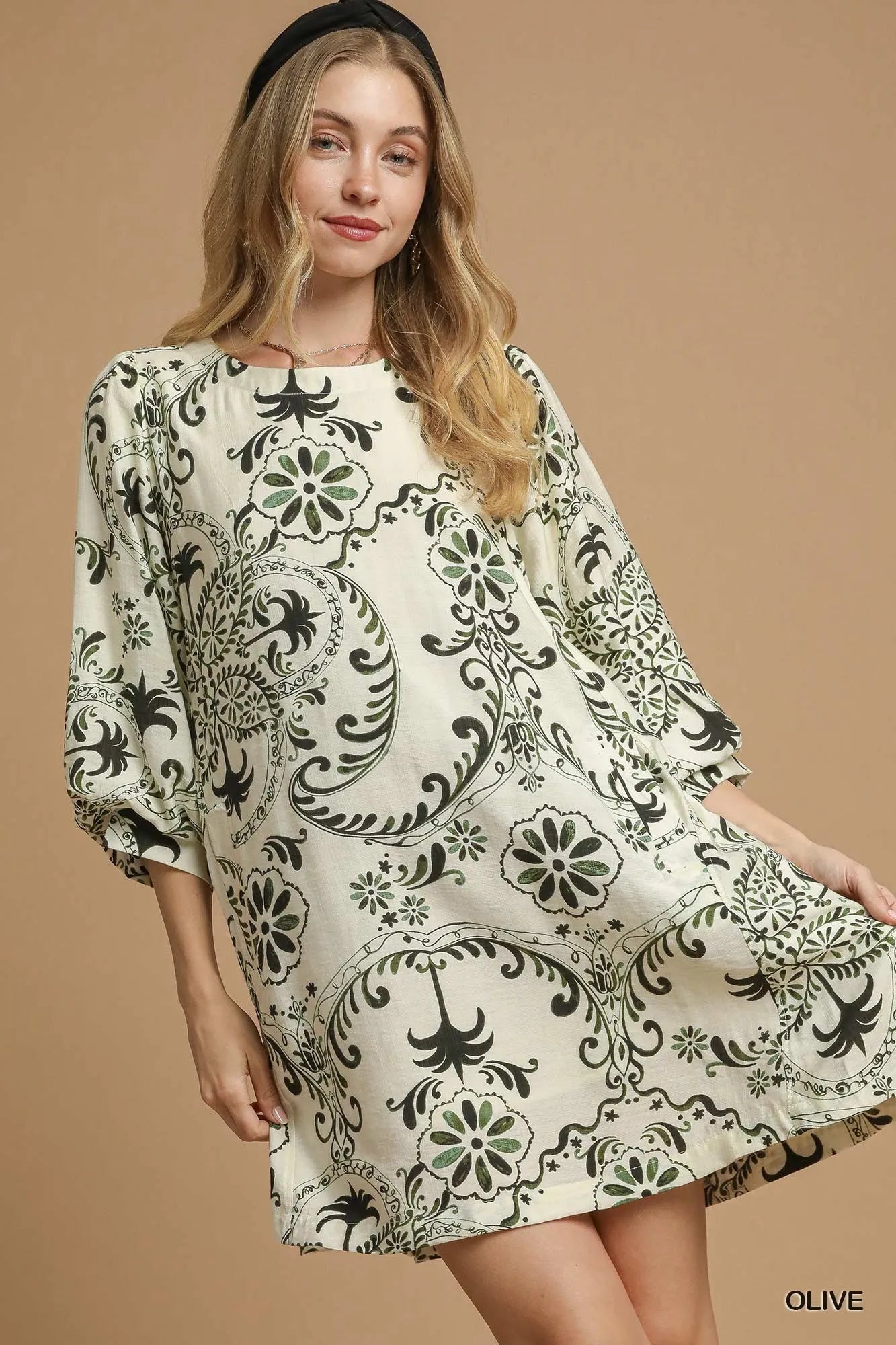 Umgee Boho Printed Balloon Sleeve Mini Dress Olive