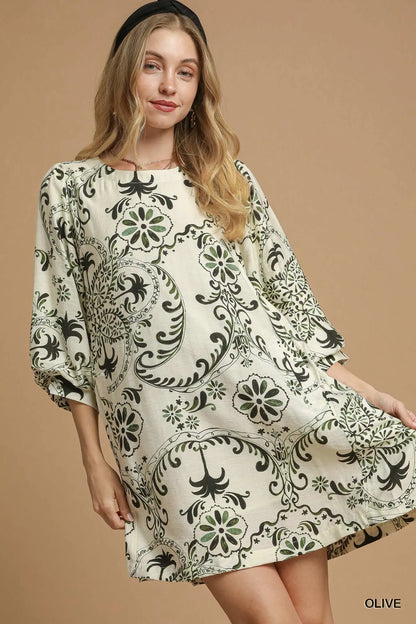 Umgee Boho Printed Balloon Sleeve Mini Dress Olive
