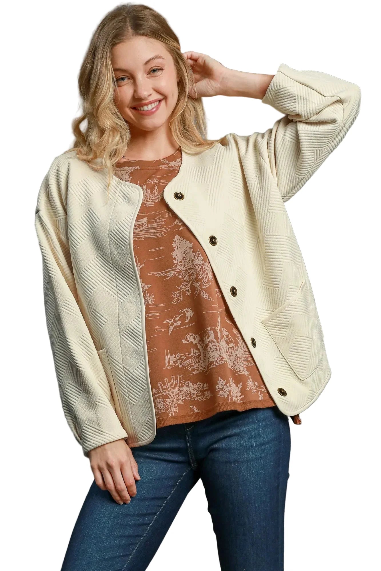 Garden Naked Womens Casual Bomber Jacket Quilted Diamond Pattern Oversized Outerwear Round Neck Long Sleeve Cream White Cream