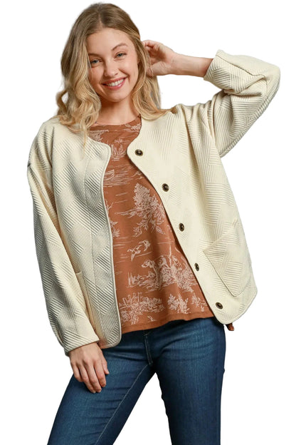 Garden Naked Womens Casual Bomber Jacket Quilted Diamond Pattern Oversized Outerwear Round Neck Long Sleeve Cream White Cream