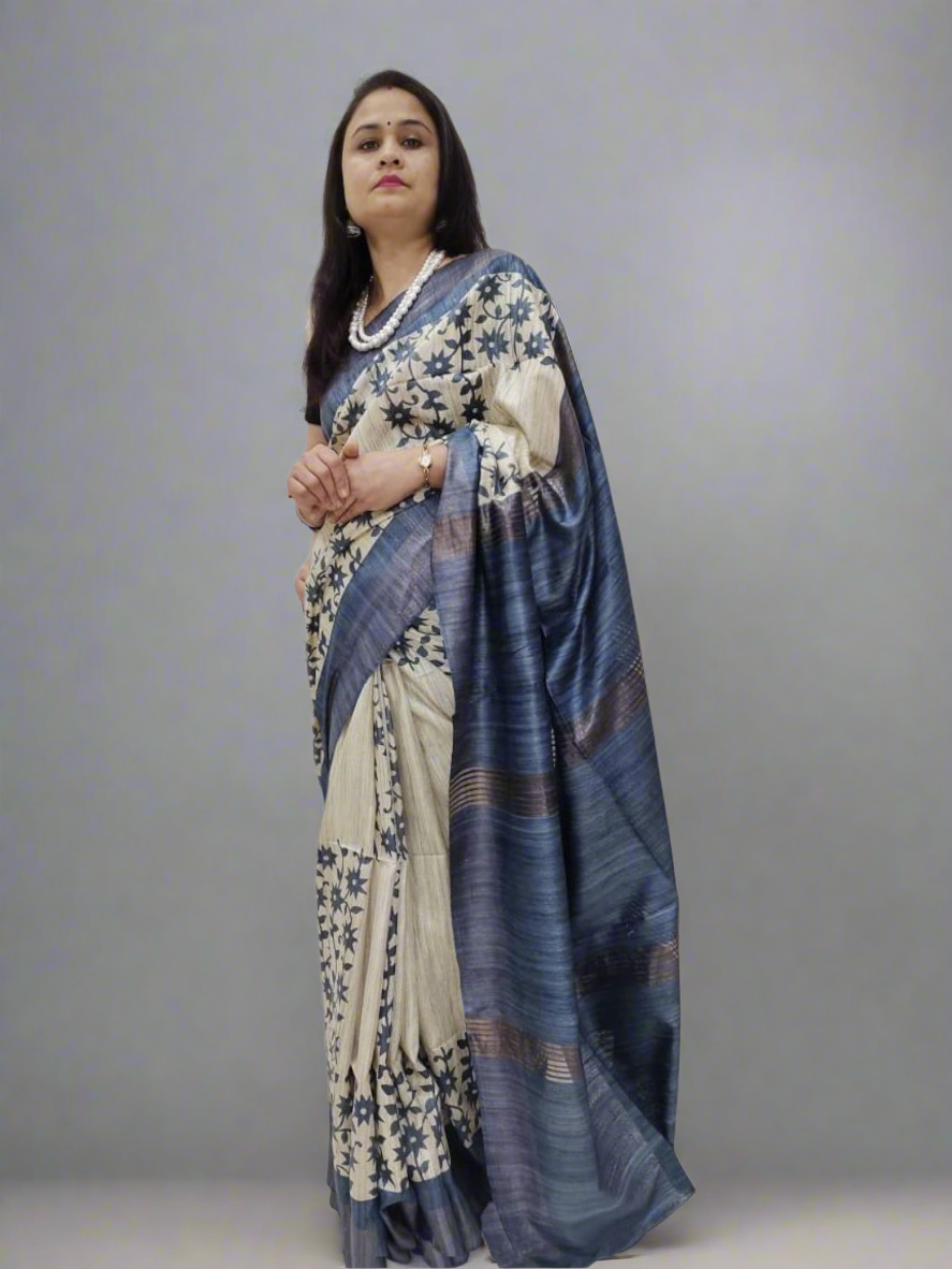 Handwoven Pure Tussar Ghicha Silk Saree – Ivory & Indigo with Floral Block Prints