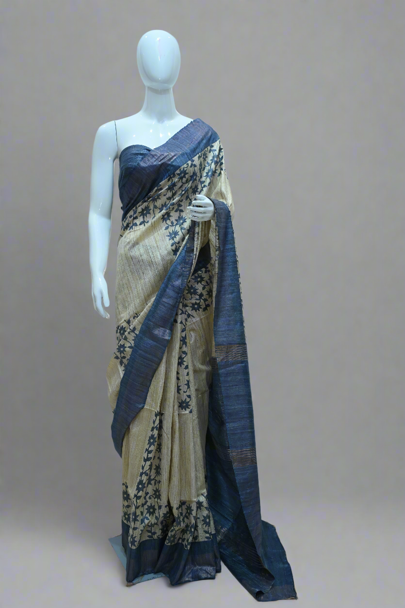 Handwoven Pure Tussar Ghicha Silk Saree – Ivory & Indigo with Floral Block Prints