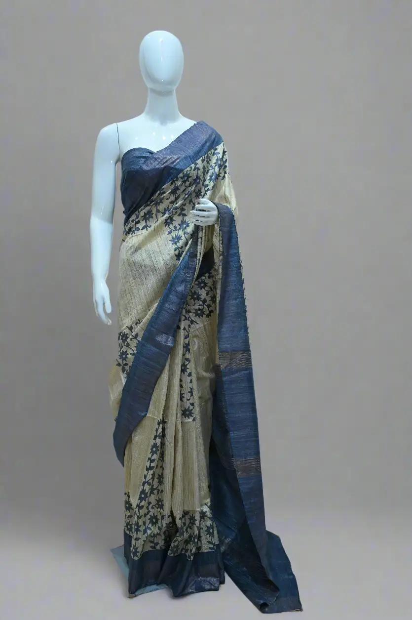 Handwoven Pure Tussar Ghicha Silk Saree – Ivory & Indigo with Floral Block Prints