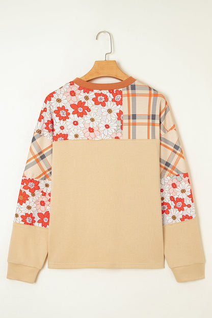 Parchment Floral Plaid Patchwork Henley Top