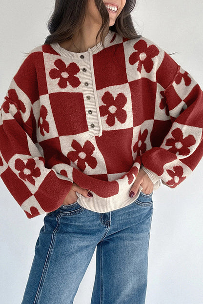 Thai Curry Flower Plaid Henley Baggy Sweater Red Dahlia 52%Viscose+26%Polyester+22%Polyamide