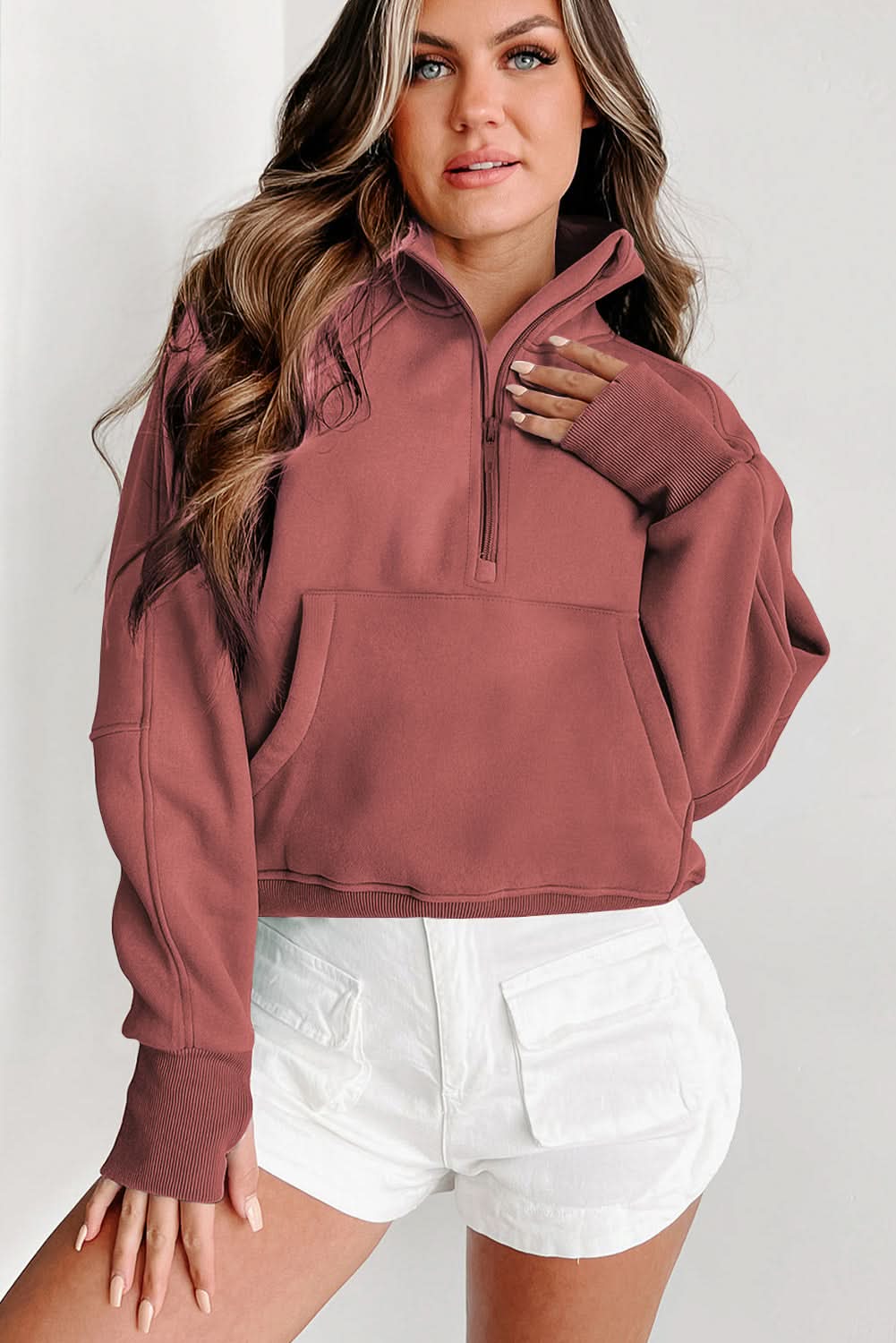 Green Zip Stand Collar Ribbed Thumbhole Sleeve Sweatshirt