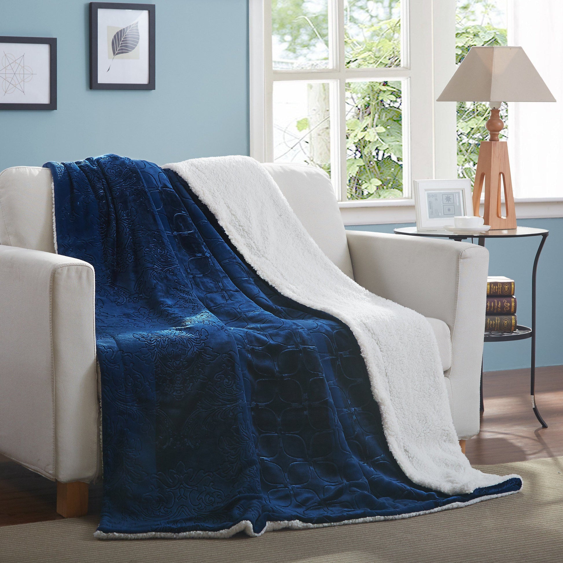 Tache Solid Embossed Cozy Night Blue Sherpa Throw Blanket (62093) 90 x 90