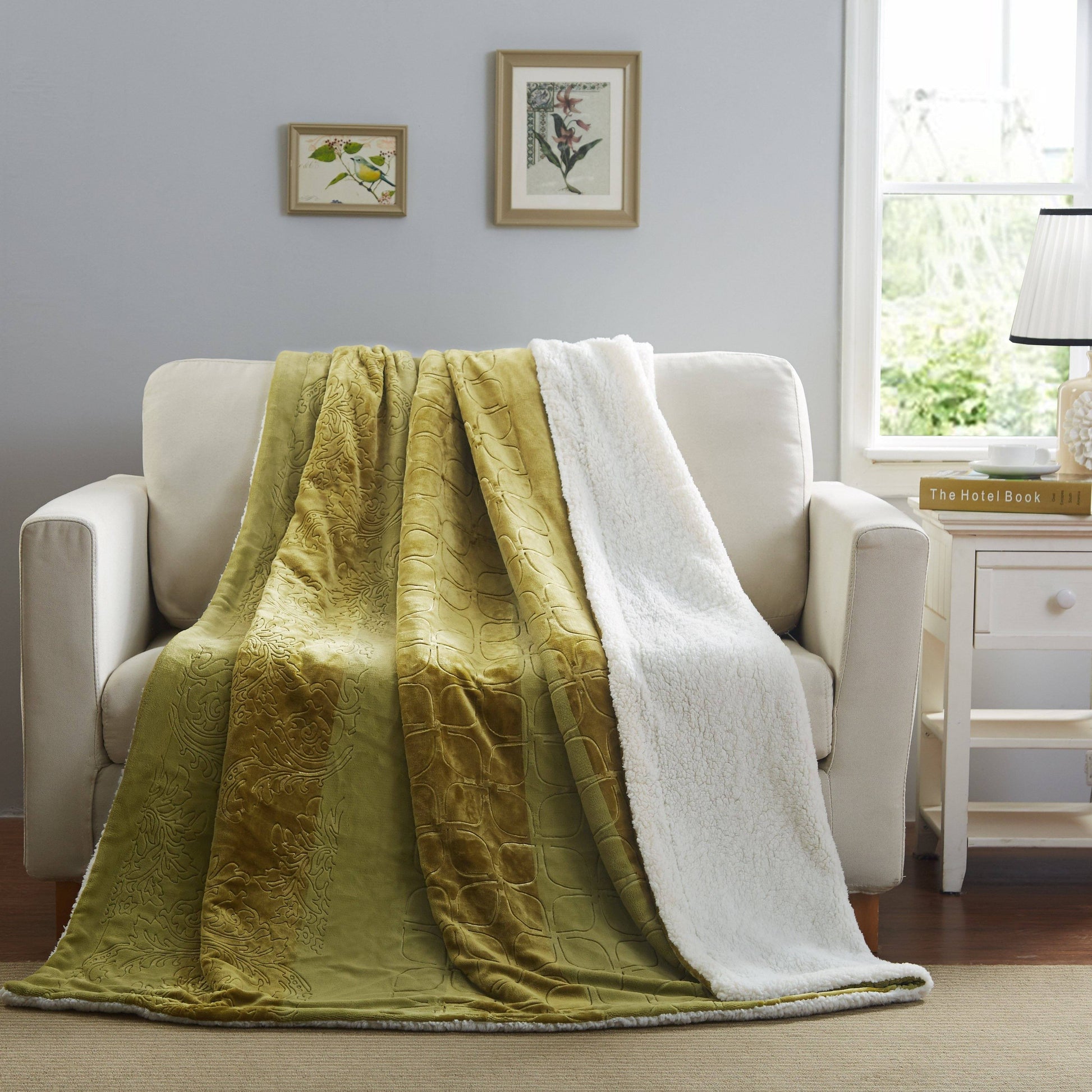 Tache Solid Embossed Green Olive Chartreuse Sherpa Throw Blanket (62096) 90 x 90