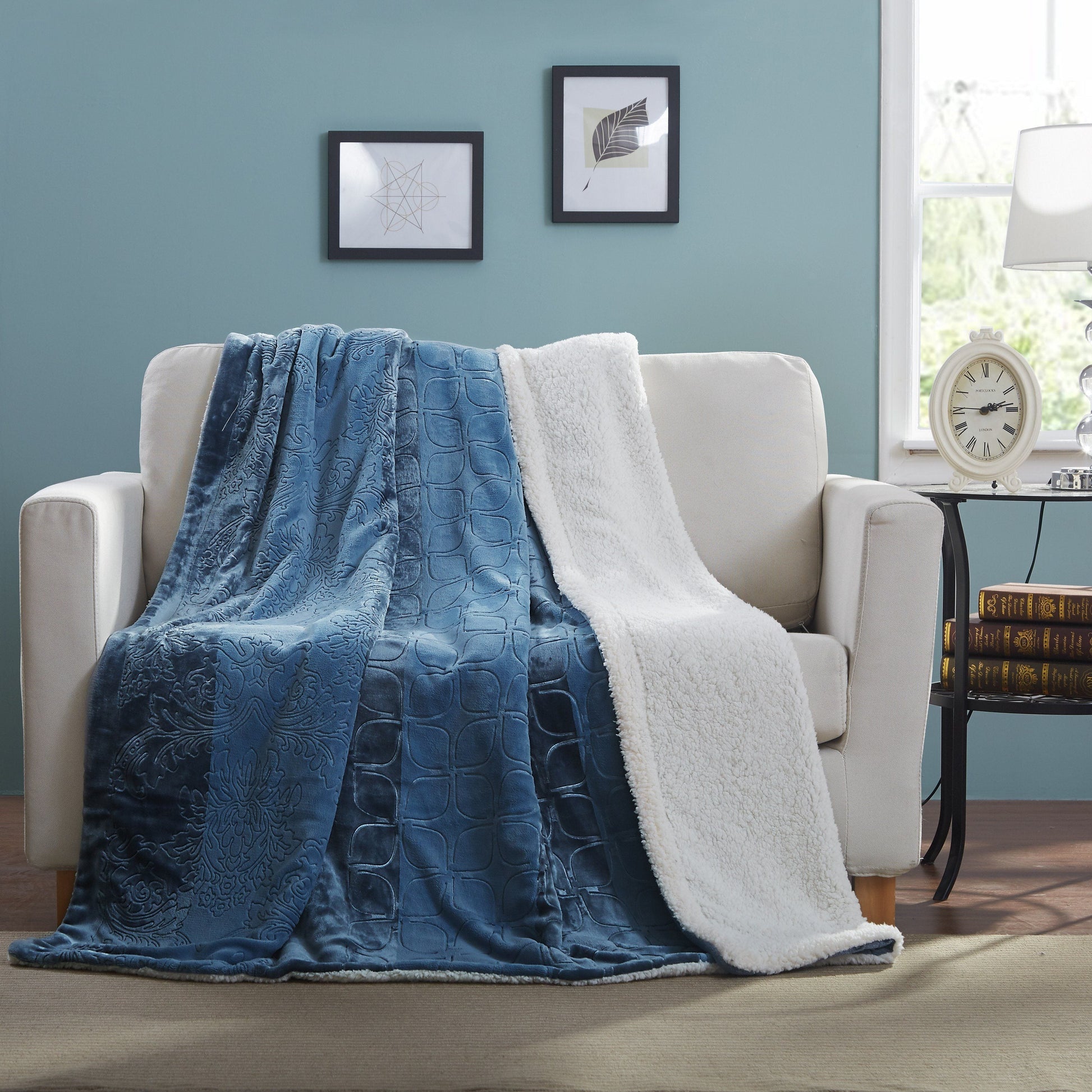 Tache Solid Embossed Rainy Day Grey Blue Sherpa Throw Blanket (62090) 90 x 90