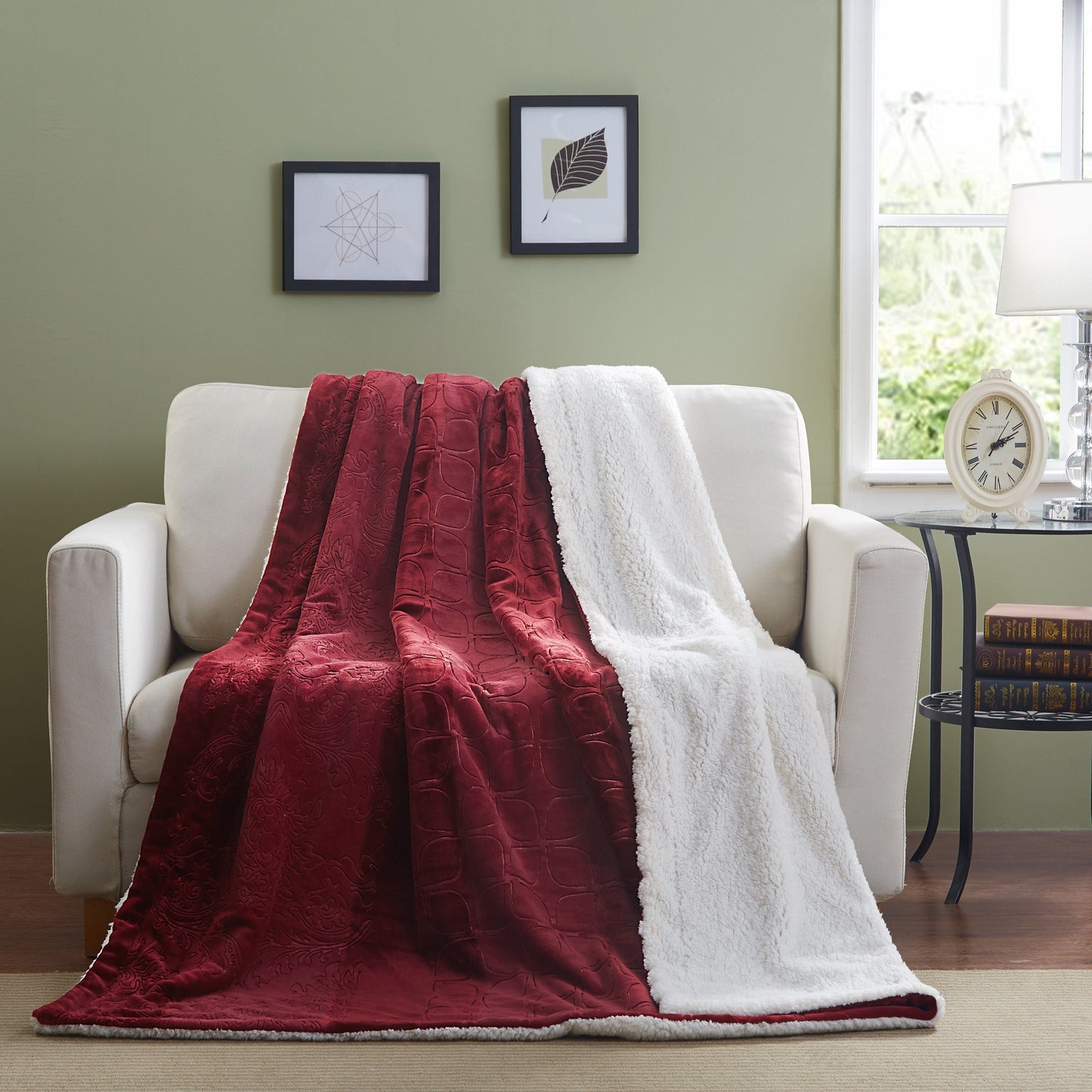 Tache Solid Embossed Merlot Red Reversible Sherpa Throw Blanket (62087) 90 x 90