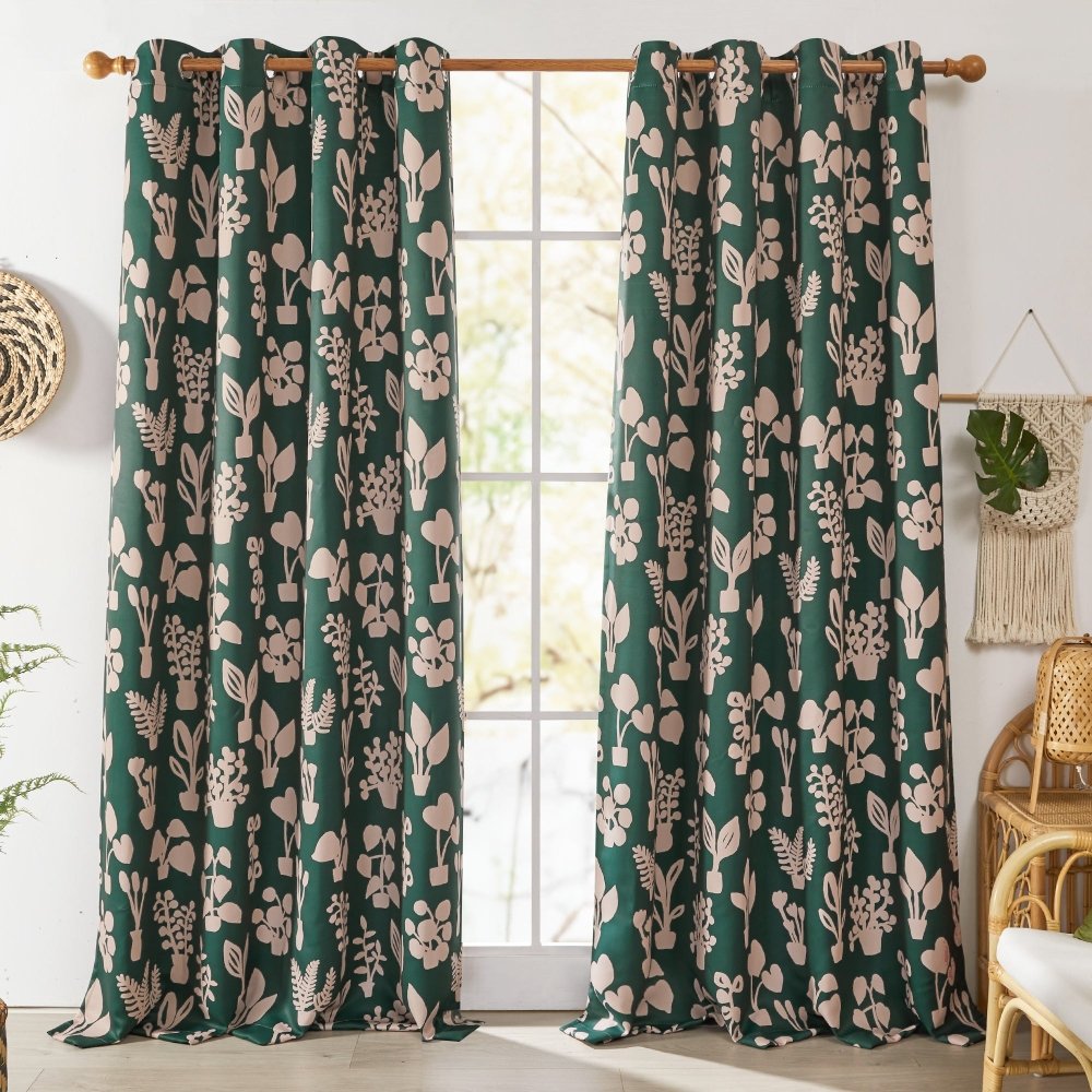 Bohome Foliage Blackout Curtains Dark Green-Foliage