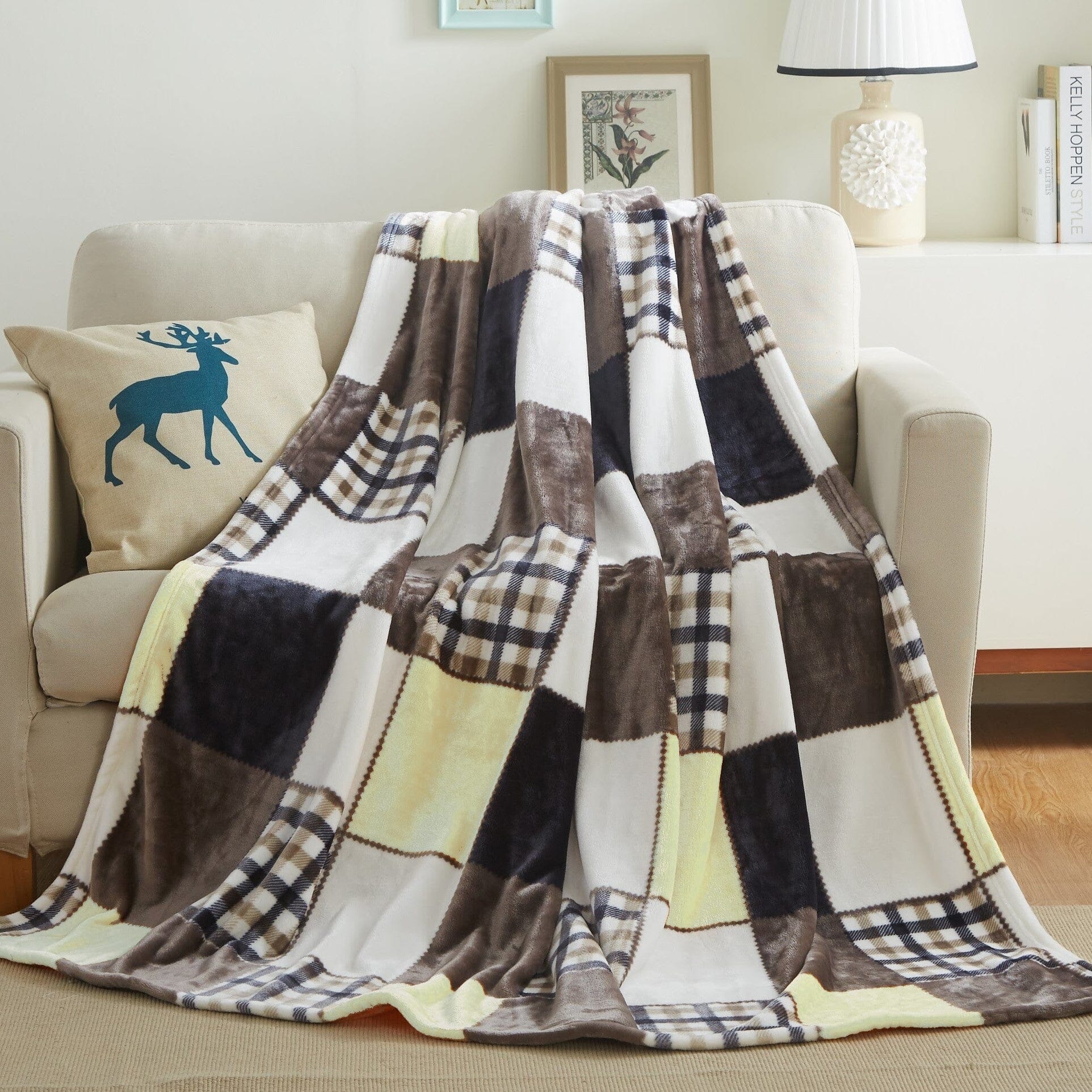 Tache Buttermilk Fall Yellow Brown Farmhouse Super Soft Plaid Patchwork Throw Blanket (4026) 90 x 90