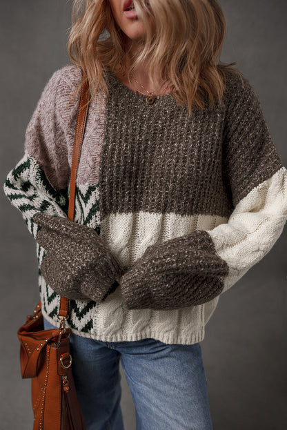 Brown Colorblock Patchwork Knotted Back Loose Fit Sweater Brown 100%Polyester