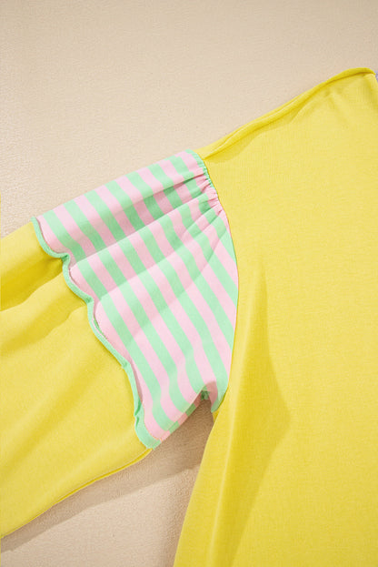 Yellow Striped Color Block Patchwork Crewneck Plus Size Pullover Sweatshirt