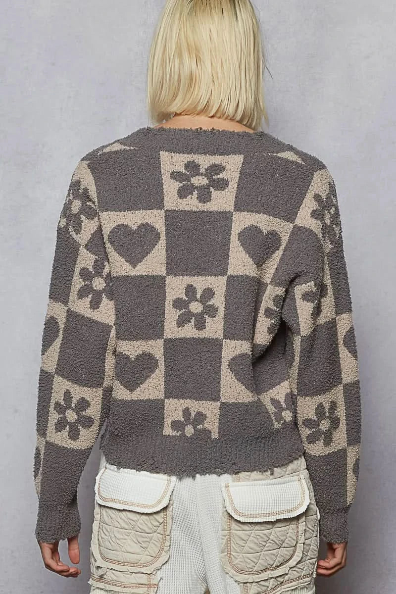 Pol V Neck Heart Pattern Checkered Sweater Oversized